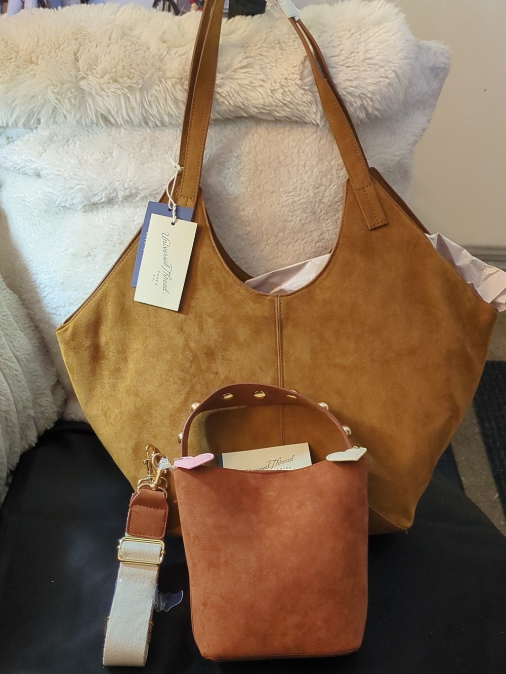 Universal Thread Tan Suede Shoulder Tote with Rust Suede Mini Bucket NOW ONLY$45